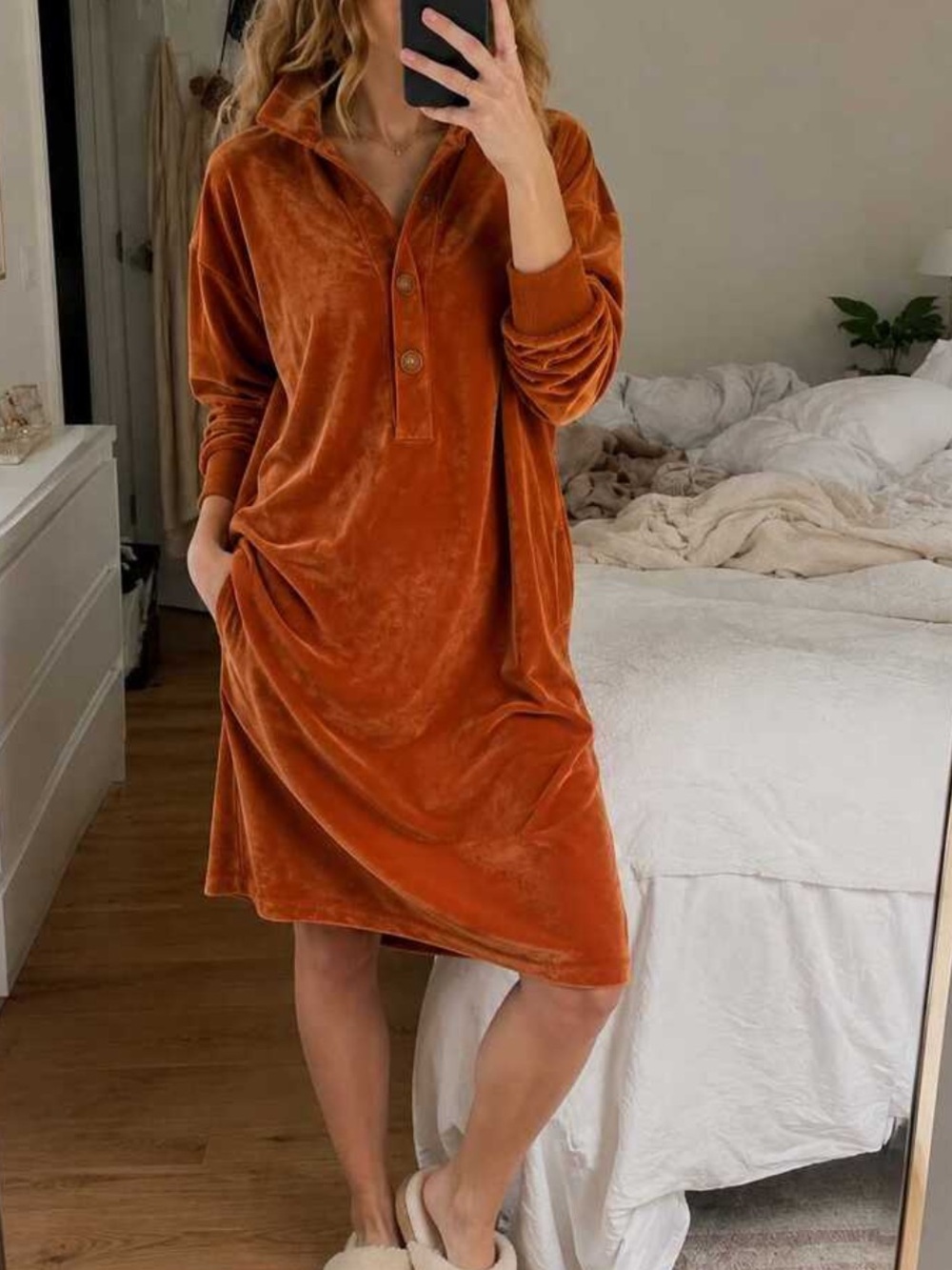 Luxe Velvet Button-Front Pocket Dress Burnt Orange - Picture 6 of 6